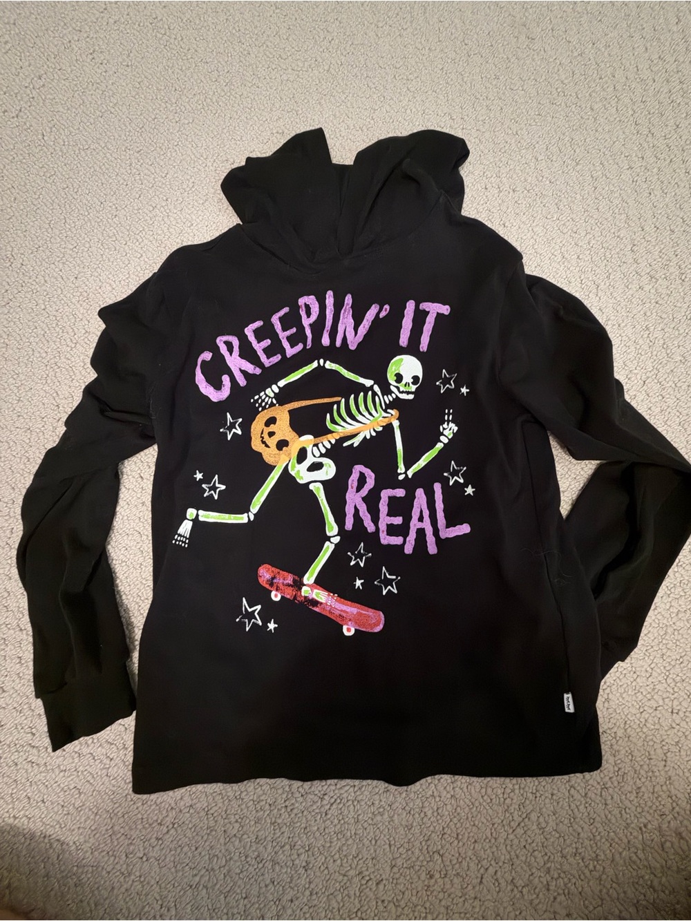 Little Sleepies Black Long Sleeve Hoodie with Neon Skeleton Skate Graphic